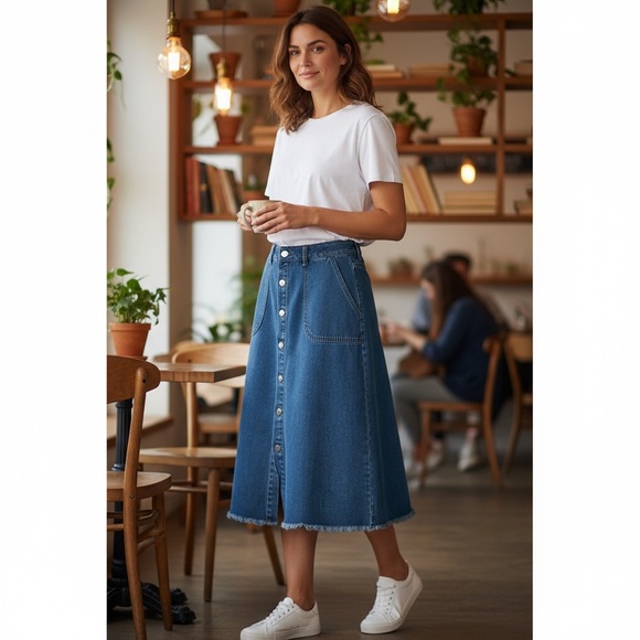 Allegra K Dresses & Skirts - Allegra K Blue Denim A-Line Midi Button Down Skirt